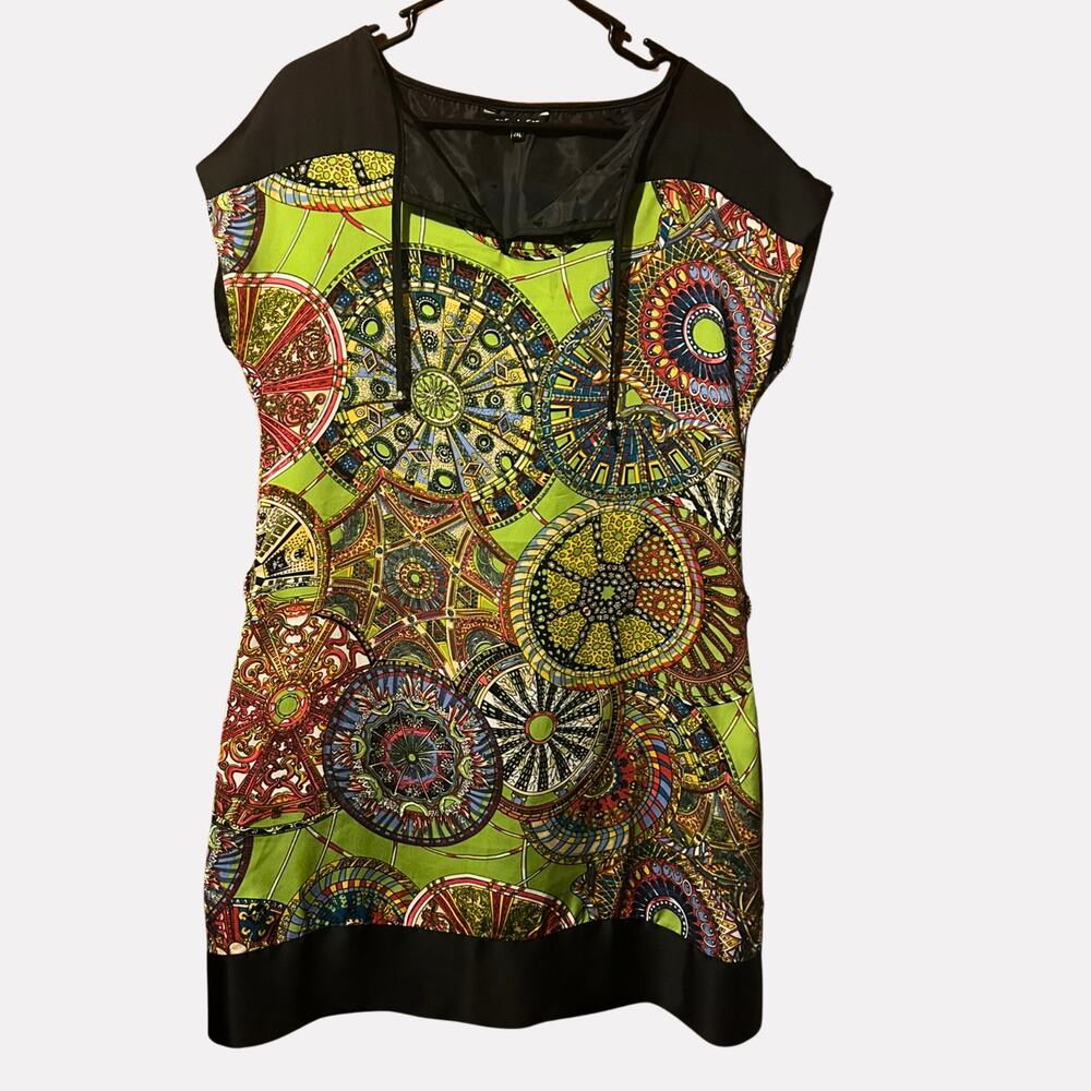 Salian 2X 100% Silk Green Kaleidoscope Shift Dress Artsy Boho Psychedelic